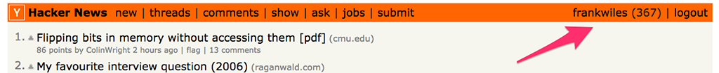 HackerNews screenshot with user logged in